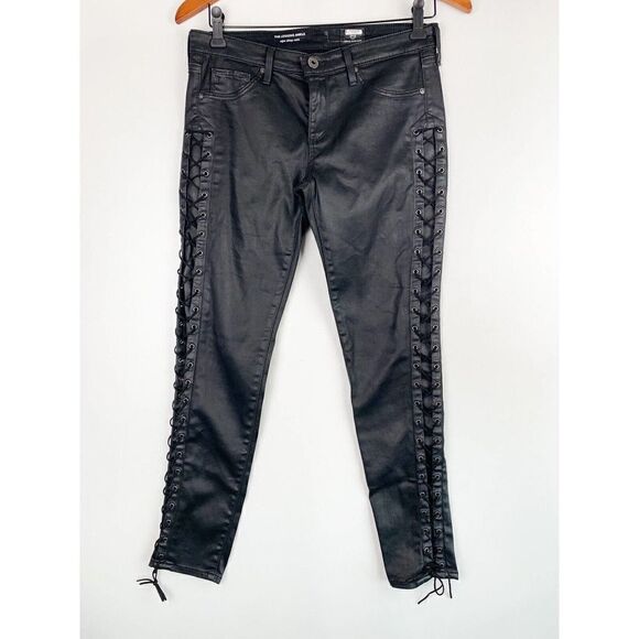 AG Adriano Goldschmied Size 27R Black Faux Leather The Legging Ankle Pants Lace - Picture 1 of 5
